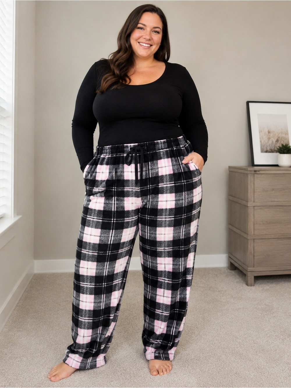 Fashion Nova Black & Pink Plaid Flannel Lounge Pants